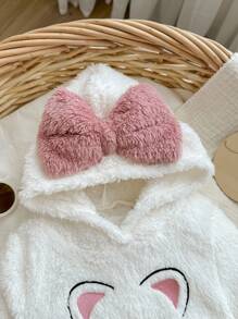 Babygirl Cute Versatile Fuzzy Cartoon Embroidered Pattern Pink Bow White Hoodie, Autumn/Winter