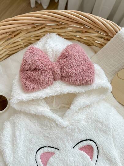 Baby Girl Cute Versatile Fuzzy Cartoon Embroidered Pattern Pink Bow White Sweatshirt, Autumn/Winter