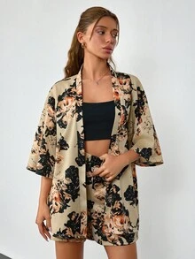 EURMUSE 2 Pieces Short Sleeve Top & Shorts Set, , Vintage Floral Printed - Multicolor - View 3