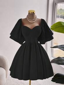 Franclia Plus Size Elegant Solid Color Waist Cinched Dress, Summer - Black - View 6