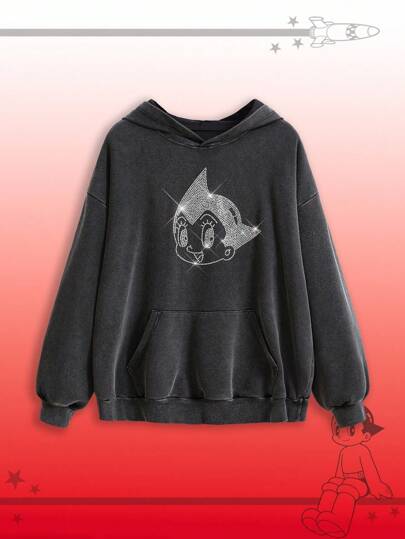 Astro Boy X ROMWE Locker sitzender Hoodie im College-Stil mit Strass-Verzierung für Damen
