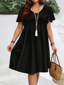 EMERY ROSE Music Festival Casual Minimalist Solid Color Loose Dress, Suitable For Plus Size, Summer Suitable For Going Out - Black - View 3