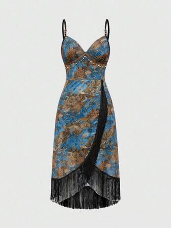 Robe imprimée cachemire rétro hippie pour festival de musique western avec décoration de perles en bois transparentes et ourlet à franges pour femmes