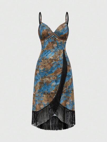 Women's Retro Hippie Western Music Festival Paisley Print Dress With See-Through Wooden Bead Decor And Fringe Hem