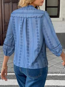 Pariaura Camisa de mujer de algodón francés con bordado hueco y botones, conjunto informal de ropa de primavera para la universidad - Celeste - Ver 2