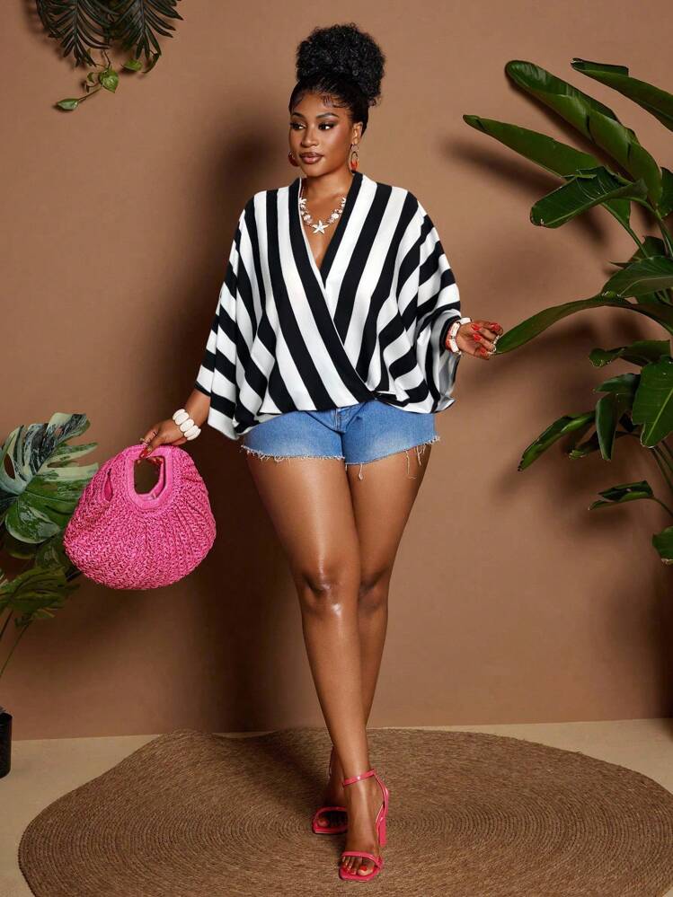 Maweii Áo sơ mi kẻ sọc dài tay quấn phía trước dáng rộng cỡ lớn - Đen và trắng - Xem 7