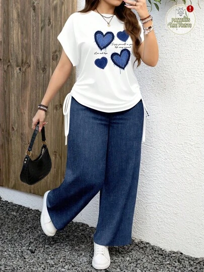 EMERY ROSE 2 pezzi/set Donna Taglie forti Casual Stampa a cuore Manica corta Coulisse Tee e Pantaloni lunghi, adatti per l'estate