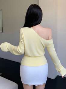 SHEIN LUNE New Casual Slouchy Asymmetrical Shoulder Long Sleeve T-Shirt Fall Cloth For Women - Yellow - View 2