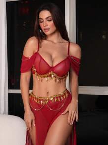 SHEIN 3件套性感网眼金叶流苏链条开衩长裙和内衣套装 - 酒紅色 - 查看 3