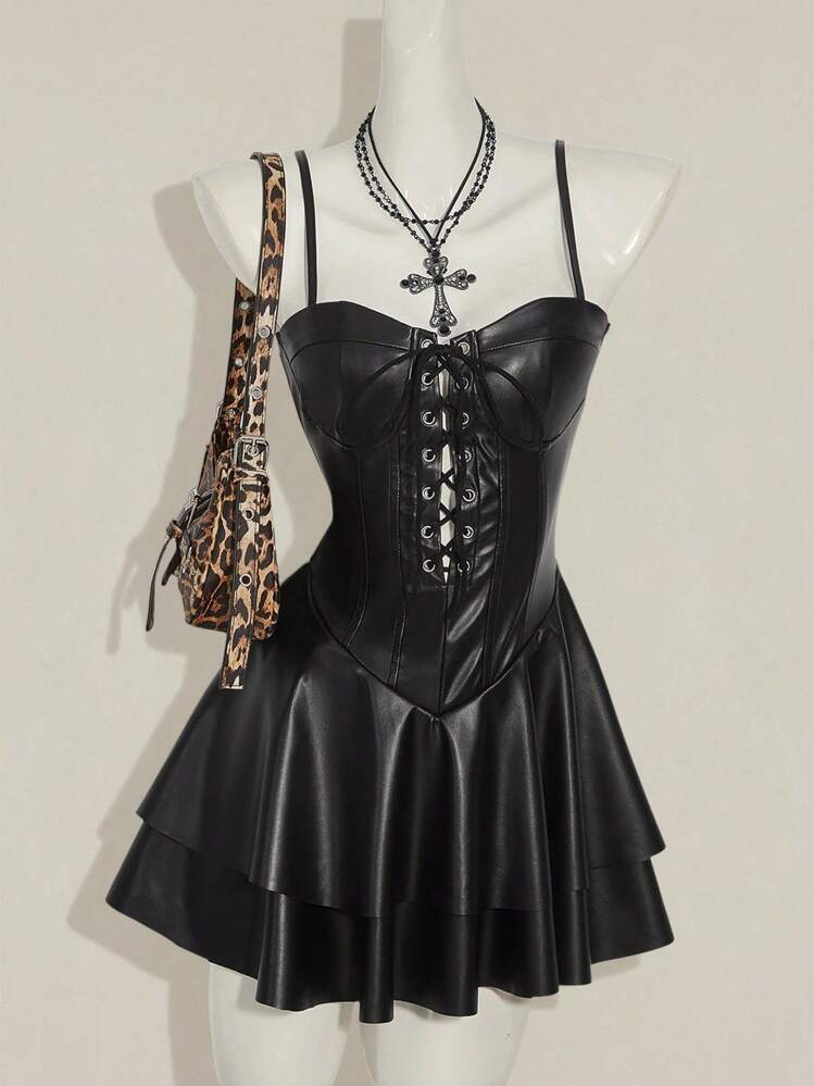 SHEIN ICON 女士 Y2K 时尚性感俱乐部派对节日服装 Y2K 俱乐部服装露背 PU 皮革迷你吊带裙，黑色 - 黑色 - 查看 5