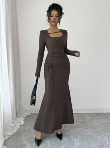 Elenzga Vestido elegante y romántico con cuello cuadrado y volantes en el bajo para vacaciones y uso diario para mujeres - Café - Ver 1