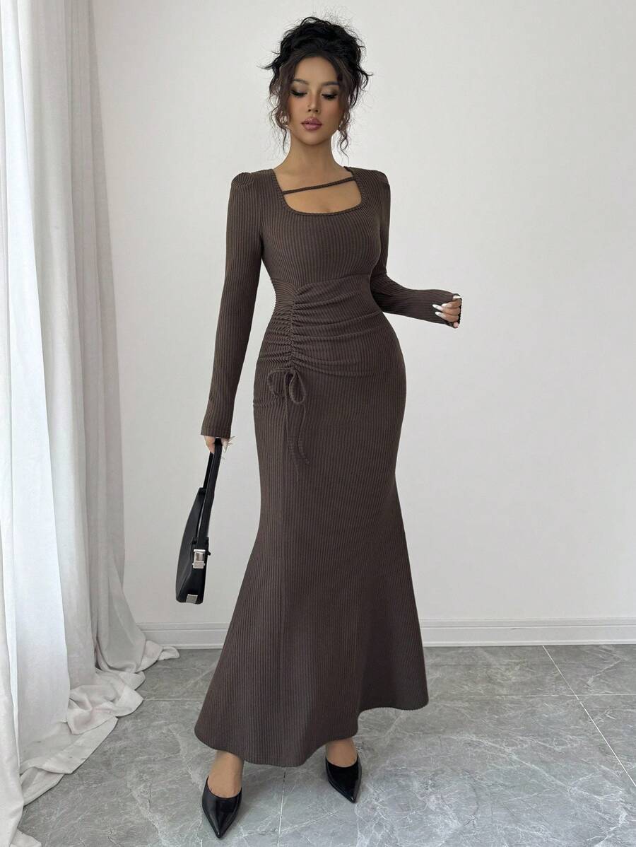 Elenzga Vestido elegante y romántico con cuello cuadrado y volantes en el bajo para vacaciones y uso diario para mujeres - Café - Ver 1