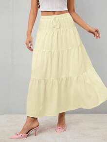 SHEIN Tall 女士纯色高腰系带荷叶边下摆长裙 - 黃色 - 查看 7