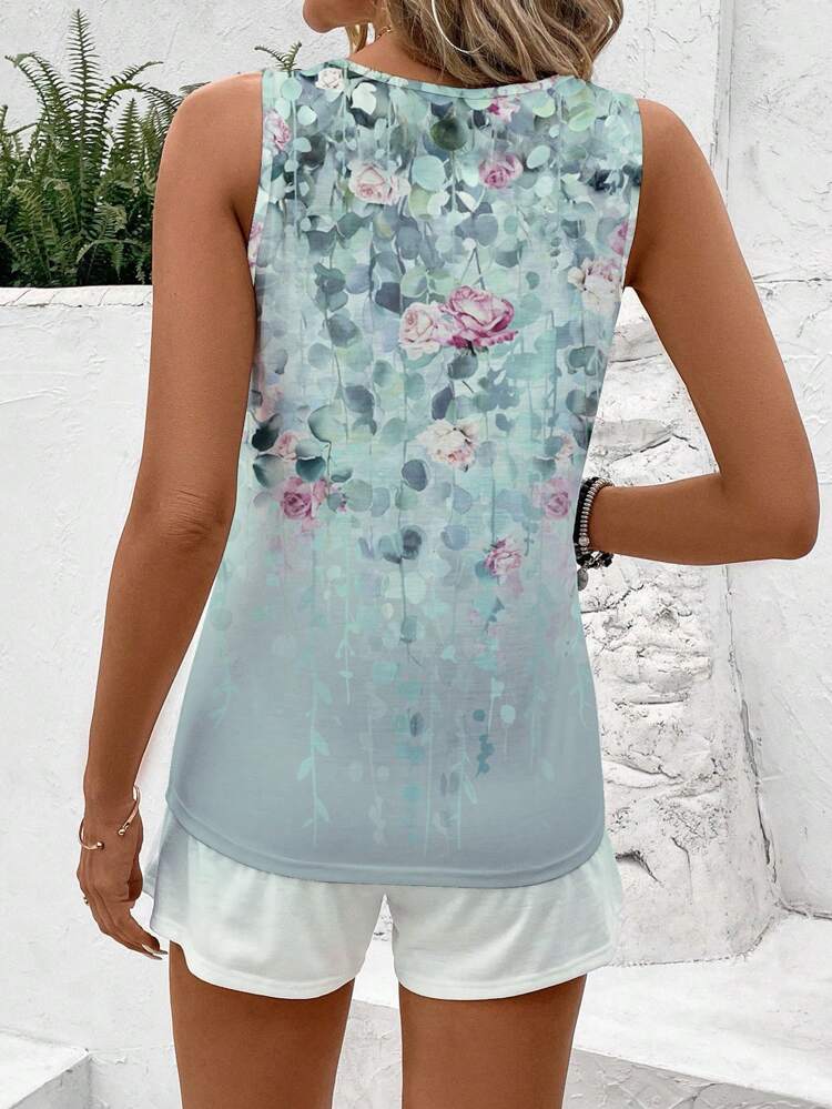 2pcs/Set Women Casual Round Neck Tank Top And Shorts Set, Suitable For Summer Women Summer 2 Pieces Sets Women 2 Pieces Summer Outfits 2 Pieces Shorts Set Women Floral 2 Pieces Set