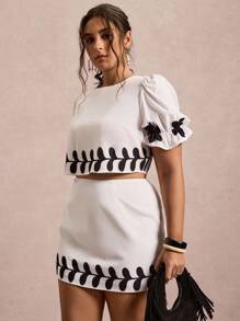 Freevana 大码女式节日花卉印花泡泡袖上衣和迷你裙两件套 - 白色 - 查看 5