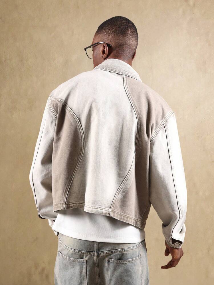 Curved Panel Denim Jacket With Vintage Wash Design