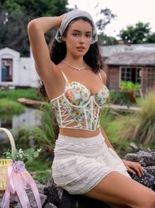 SHEIN 1 件女士印花网眼衬垫钢圈性感文胸，外出穿着