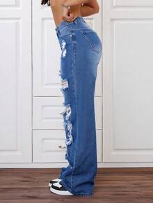 SHEIN ICON Gerade geschnittene Jeans in Große Größen für Damen mit Destroyed-Effekt, Streetstyle für den Sommer - Mittele Waschung - Übersicht 5