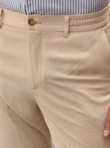 HIMLAND 男士松紧腰休闲日常通勤半正式裤男士亚麻裤男士米色裤子男士夏季裤子男士休闲裤轻便男裤，秋季 - 卡其色 - 查看 3