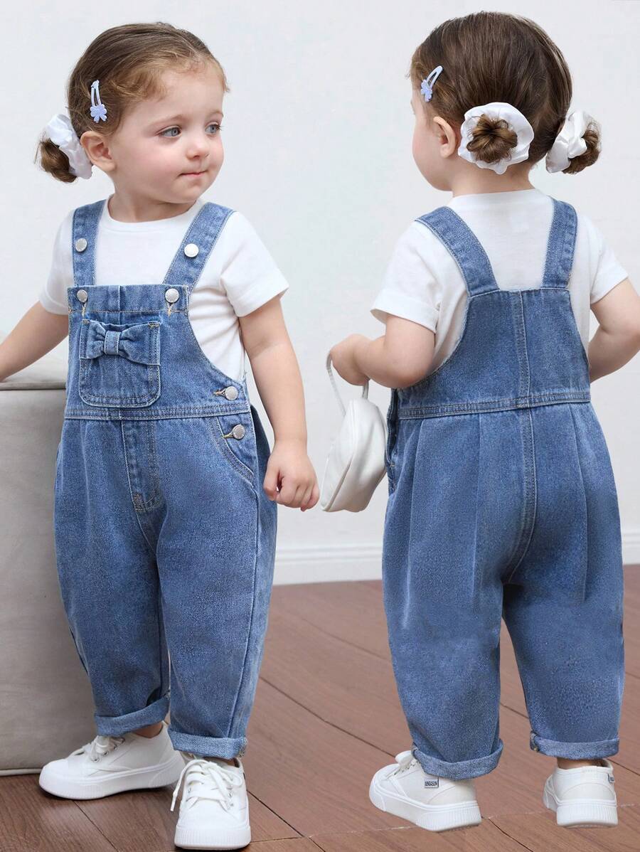 SHEIN Baby Girl Cute Bow Blue Denim Overalls, Casual And Comfortable Wear,Back To School Clothes - Medium Wash - View 1