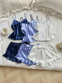 SHEIN 3件套女士撞色荷叶边仿丝服装套装