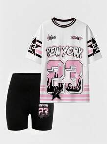女士休闲纽约字母标语、数字 23 图形印花 T 恤和骑行短裤两件套，时尚且 - 彩色 - 查看 3