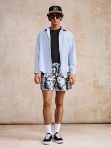 Surfspeed Classical Sculpture Marble Texture Art Mask Print Casual Beach Shorts - Grey - View 2