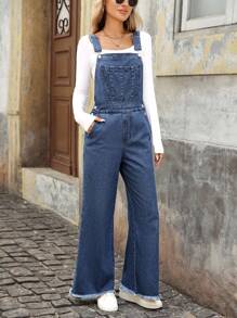 EMERY ROSE 女式宽松休闲日常穿搭磨边牛仔背带裤 - 藍色 - 查看 6