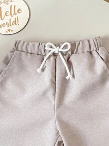 Baby Boy Solid Color Turn-Down Collar Short Sleeve Cardigan Top And Pants Set - Apricot - View 3