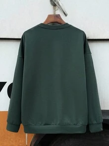 SHEIN 青少年男孩休闲街头风格彩虹标语印花纯色圆领长袖运动衫，适合通勤、上学、日常休闲、旅行、运动、派对、秋冬 - 墨綠色 - 查看 7