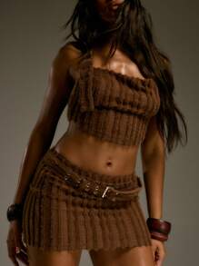 MUSERA 露背围脖扣短款上衣和迷你裙 Co Ord 西部乡村秋季街头服饰节日优雅 Y2k 性感可爱 90 年代波西米亚风中西部 - 咖啡棕 - 查看 2