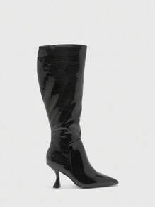 CUCCOO BIZCHIC Sepatu Bot Wanita Kasual Minimalis untuk Sehari-hari, Warna Polos, Hak Tipis, Ujung Lancip, Panjang Setengah Betis - Hitam - View 2