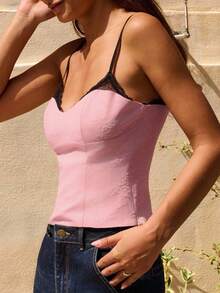 lacRébo Top de tirantes rosa con textura floral y efecto de sujetador interior contrastante, top lindo de otoño para salir, atuendo para una cita nocturna - Rosa - Ver 4