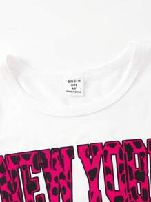 SHEIN 女童豹纹字母图案短袖T恤和豹纹蝴蝶结装饰裤套装，时尚清凉的夏季服装，猎豹纹女童套装，动物纹服装，Y2K风格少女服装，粉色和黑色服装，女童度假服装，夏季假日女童套装 - 玫紅色 - 查看 4