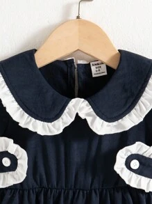 Souflis Souflis Baby Girl Elegant Academy Sweet Navy Blue & White Ruffle Peter Pan Collar Puff Sleeve Dress, Suitable For School, Everyday Wear, And Photos, Summer - Navy Blue - View 7