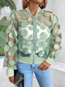 EMERY ROSE Solid Color 3D Mesh Sheer Long Sleeve Bomber Jacket Casual Outfits Spring Clothes For University Fall Winter Cloth For Women