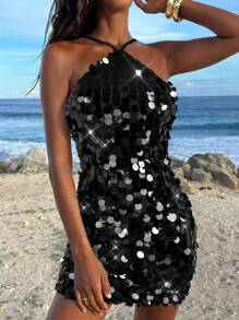 Opulessa 女式纯色串珠刺绣吊带紧身迷你连衣裙 - 黑色 - 查看 4
