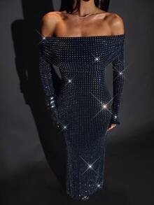 SHEIN BAE 女式纯黑色露肩长袖修身长裙，带水钻装饰，适合夜总会派对 - 黑色 - 查看 7