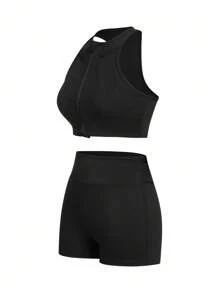 SHEIN Sports 女士圆领无袖拉链休闲短款上衣和短裤户外套装 - 黑色 - 查看 2