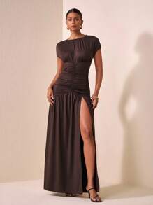 Veslaya Vestido sexy de manga corta con cuello redondo, plisado lateral y bajo con abertura, adecuado para mujer de talla grande en ocasiones casuales, diarias, citas, viajes, trabajo, elegante y playa, apto para otoño, invierno, primavera y verano - Marrón - Ver 12