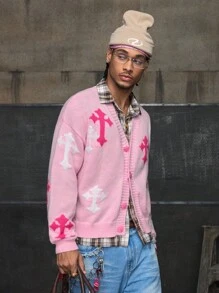 AXEPEAK Áo len nam tay dài cài nút phía trước thời trang thường ngày, áo khoác cardigan màu hồng, cho mùa thu đông - Hồng - Xem 5