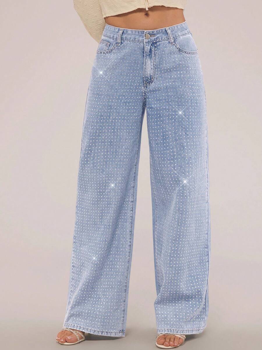 SHEIN Forever 21 复古水洗散钻细节直筒牛仔裤春季中腰牛仔裤节日夏季下装水钻牛仔裤 - 淺藍色 - 查看 1