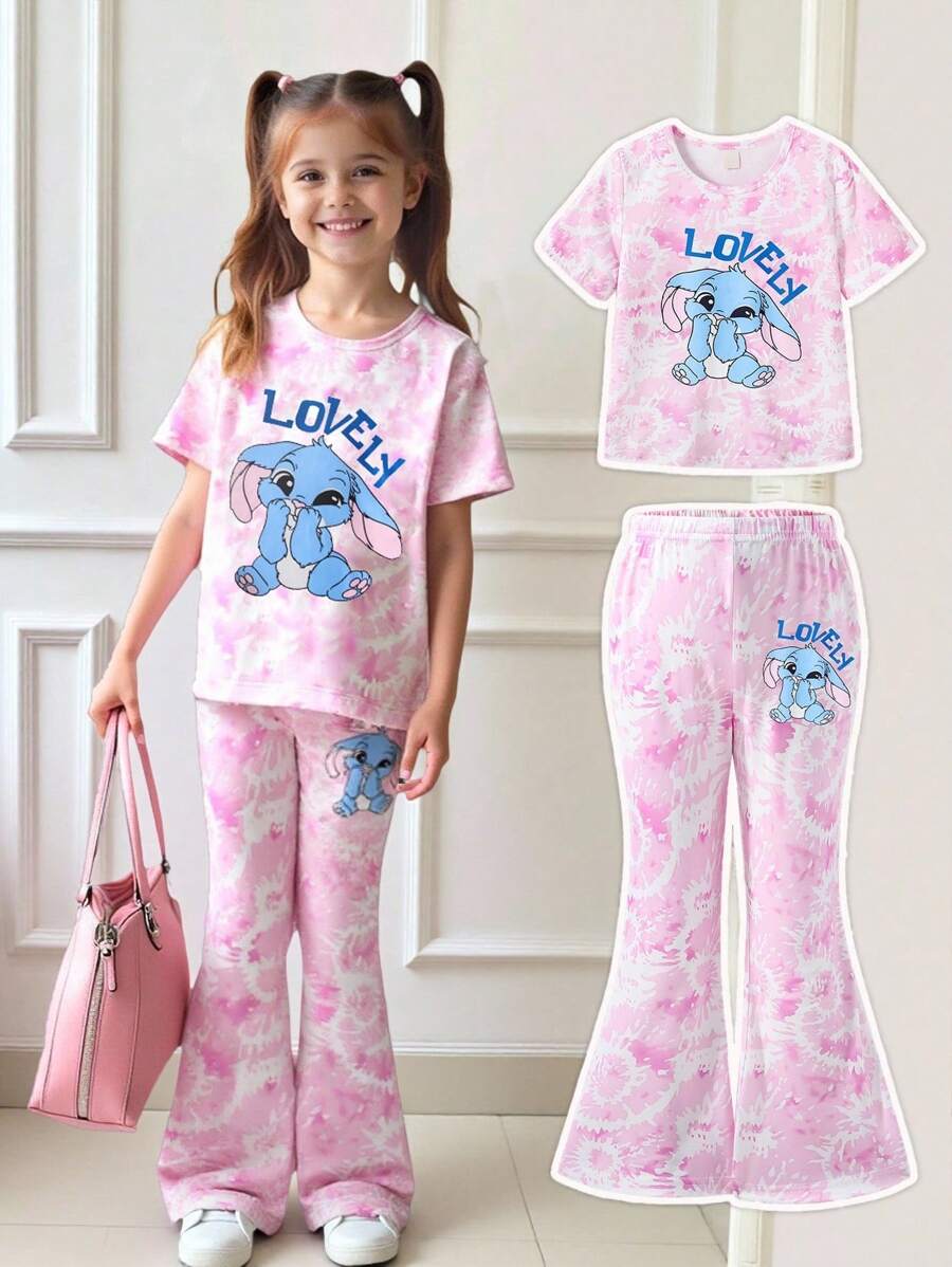 2 件套年轻女孩可爱图案上衣和长喇叭裤套装，鲜艳的扎染面料，休闲日常穿着 - 粉色 - 查看 1