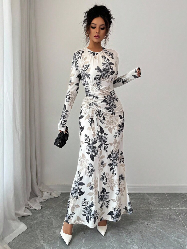 Elenzga Damen Kleid mit Rundhalsausschnitt, plissiert, Langarm, figurbetonter Schnitt mit Muster, Standardgröße - Verschiedenfarbig - Übersicht 1