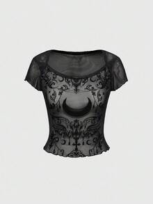 ROMWE Avant Áo cánh tay ngắn lưới voan mỏng thời trang dành cho nữ, Halloween - màu đen - Xem 1