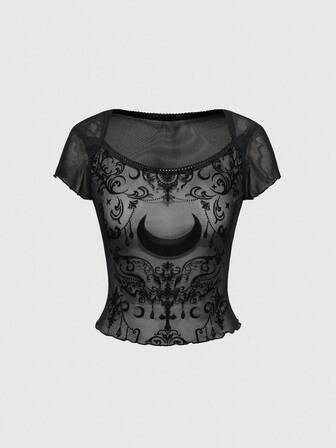 ROMWE Avant Blusa de malla transparente con manga corta y estampado de luna para mujer