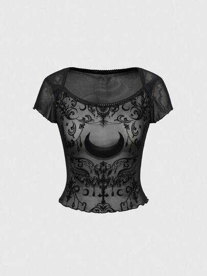 ROMWE Avant Women's Moon Flocked Sheer Mesh Short Sleeve Fashionable Blouse, Halloween