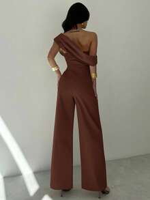 Firerie 女士优雅杏色连体裤，端庄不对称领口垂坠露肩连体裤，阔腿连体裤，舒适无袖连体裤，适合春夏秋冬，沙滩装，机场装，度假装，教师装 - 咖啡棕 - 查看 2
