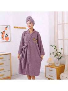 SHEIN Phụ nữ mặc áo choàng tắm có thể mặc váy tắm dài tay ren chéo bằng vải san hô dày kèm khăn tắm, phù hợp cho phòng tắm/phòng ngủ/phòng khách - Nhiều màu - Xem 7