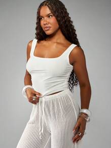 MISSGUIDED Summer Square Neck Top Ribbed Sleeveless Fitted Basic Essential Layer Casual Workout Slim Cami Top Athleisure - White - View 1